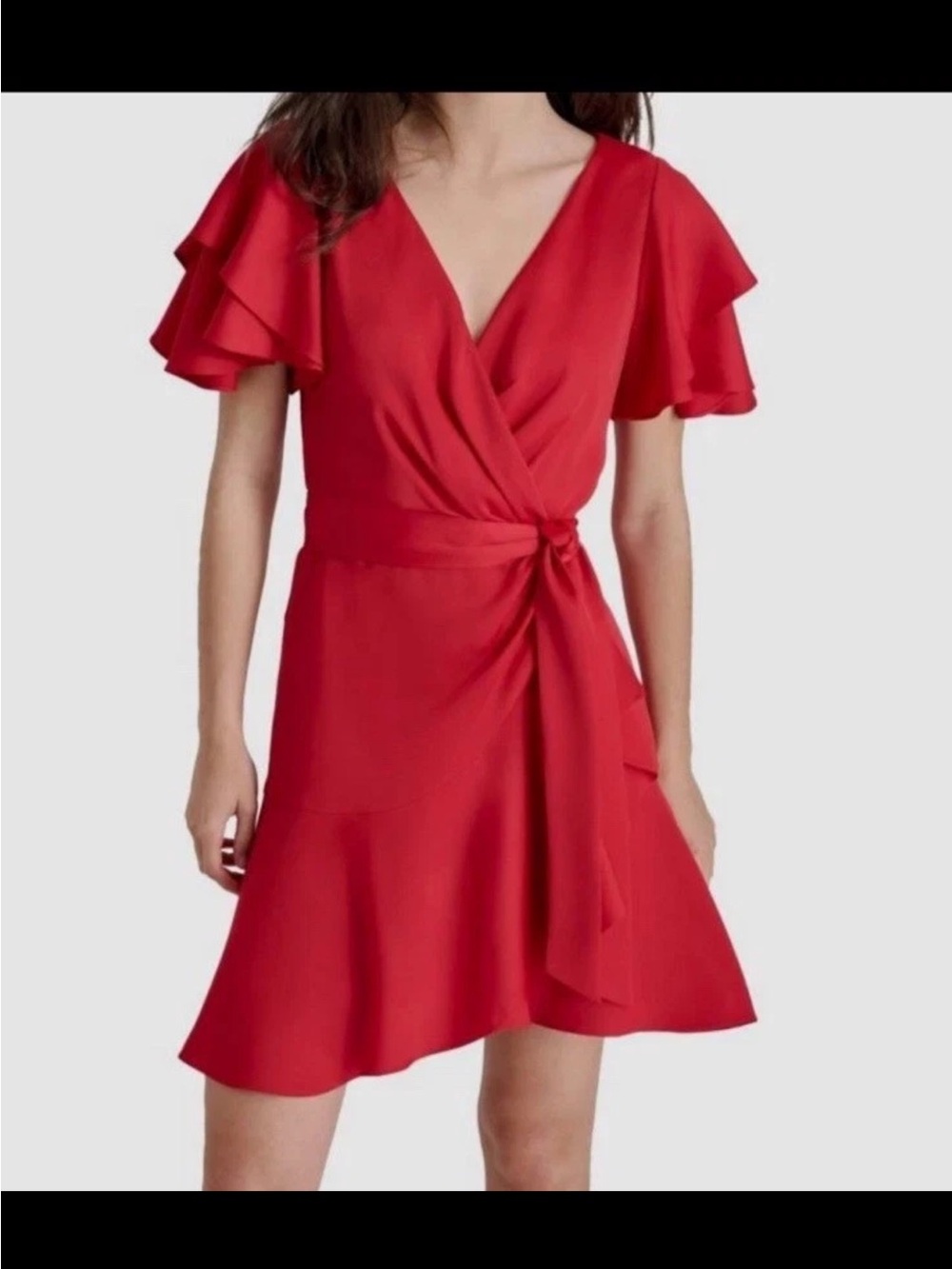 DKNY Women Red Satin Flutter-Sleeve Tiered Self-Tie Mini Dress Petite Size 10P